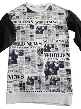 Newspaper Print Pullover with Sheer Black Sleeves